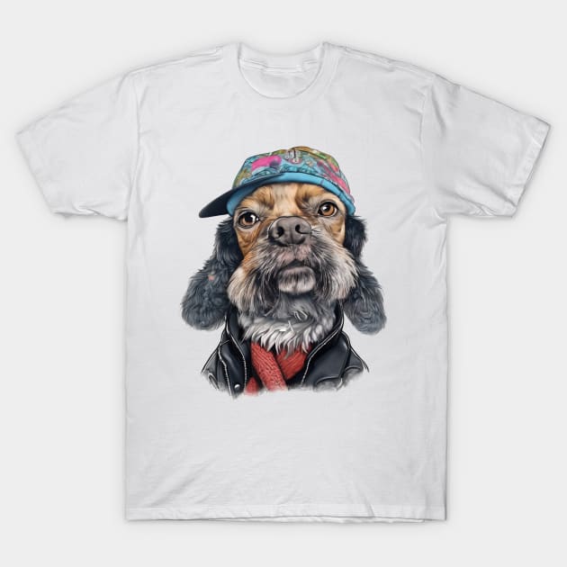 Schnauzer dog wearing a leather jacket and a cap T-Shirt by JnS Merch Store